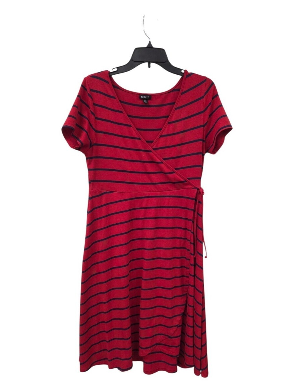 Torrid 00 Red and Navy Striped Jersey Wrap Dress